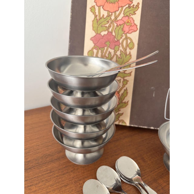 Vintage French Bistro Style Stainless Steel Ice Cream Bowls and Spoons from Jean Couzon, 1970s, Set of 12 For Sale - Image 3 of 8