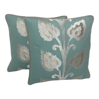 Thibaut Teal Silver Leaf Pillows - Pair For Sale