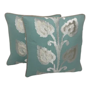 Thibaut Teal Silver Leaf Pillows - Pair