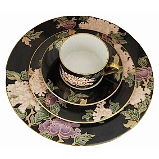 Fitz & Floyd Cloisonné Peony Ff 75, Black - Retired Collection of 4 Settings / Dinner Plates , Accent Plates and Four Cups With Saucers For Sale - Image 11 of 12