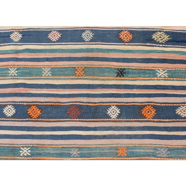 Mid 20th Century Colorful Vintage Turkish Kilim Rug With Horizontal Stripes and Tribal Designs For Sale - Image 10 of 12