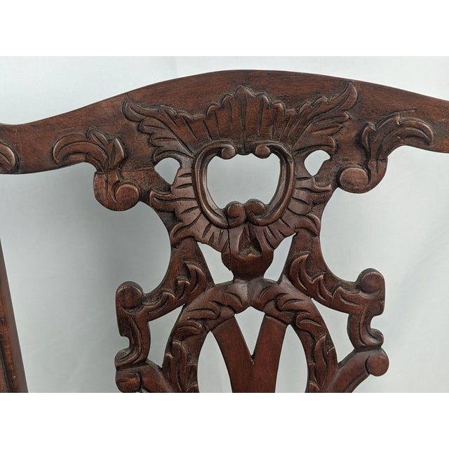 Chippendale Pair of Antique Carved Wood Chippendale Style Side Chairs With Green Brocade Seats For Sale - Image 3 of 18
