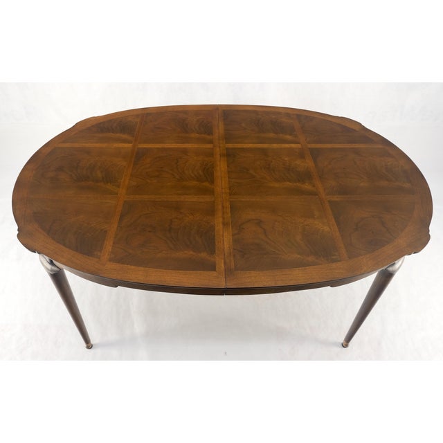 Banded Burl Flame Walnut Oval Three Leaves Dining Conference Table For Sale - Image 9 of 12