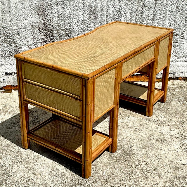 Khaki Vintage Coastal Woven Rattan Writing Desk For Sale - Image 8 of 8