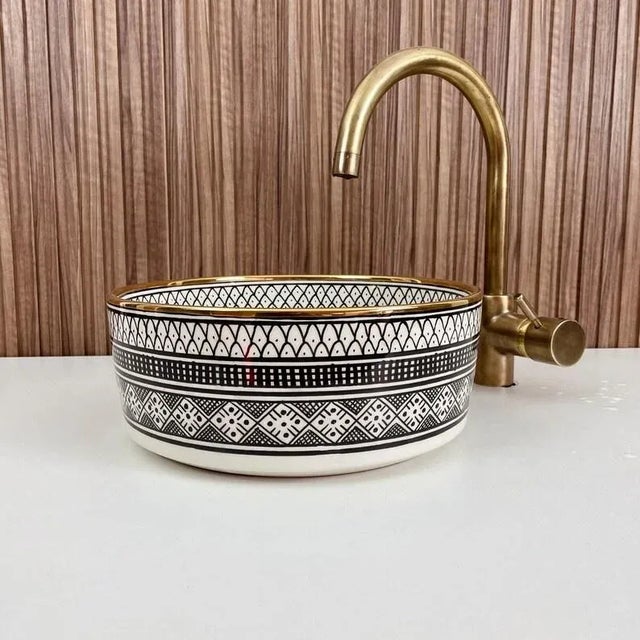 Contemporary Ghlali' 14k Gold Ceramic Bathroom Countertop Round Sink, Handmade For Sale - Image 3 of 6