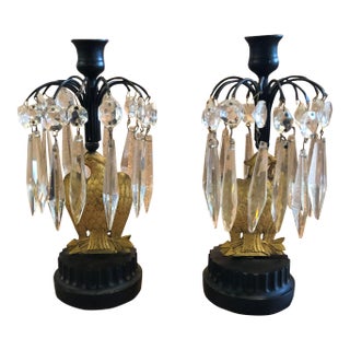 Mid 19th Century French Empire Metal Marble and Gilt Ormolu Eagle Crystal Luster Candle Holders - a Pair For Sale