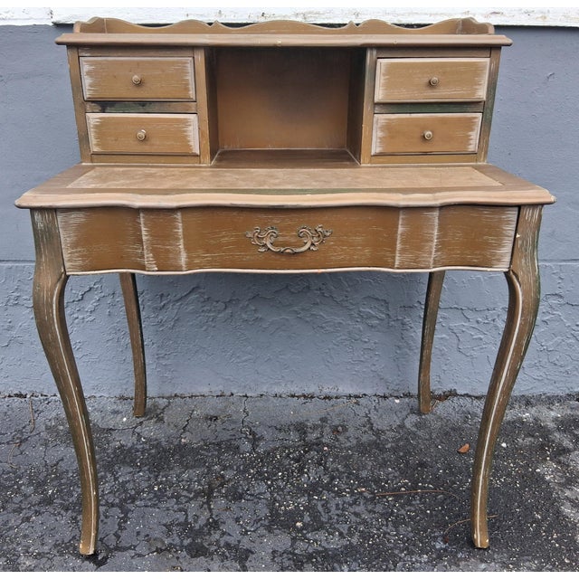 1950's Vintage French Provincial Ladies Writing Desk. Elegant with Gold finish. 5 drawers with brass pulls.