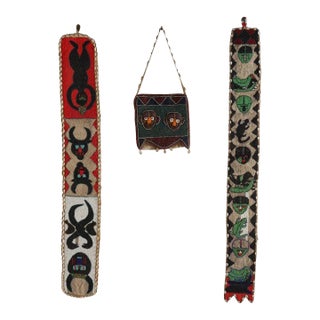 Three Antique Nigerian Yoruba Figural Beaded Items With Shells: 2 Sashes & Bag For Sale