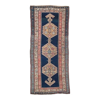 Antique Kurdish Runner with Piercing Navy, Pinks, Salmon and Camel Hair Rug 3.8 x 8.4 For Sale