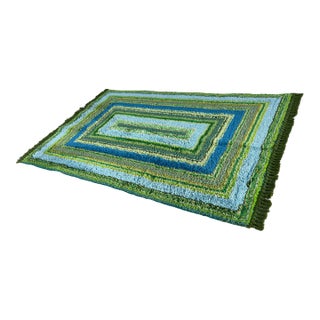 Mid Century Modern Vintage Handmade Shag Textile Blues & Greens Geometric Design For Sale