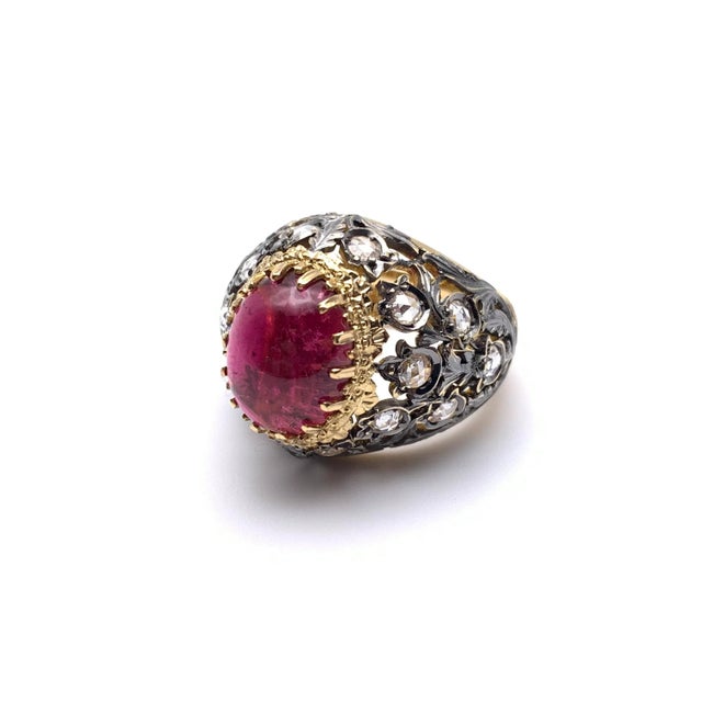 Black Gold Rubellite Tourmaline and Diamond Florentine Ring Size 6.5 For Sale - Image 6 of 9