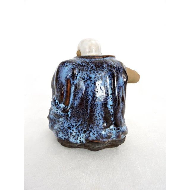 Chinoiserie 1980's Chinese Shiwan Figure of the Elderly Rice Field Worker With. Blue Cape and Hat, Garden Ornament Figure For Sale - Image 3 of 6