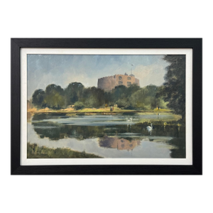 Vintage Oil Painting of Windsor Castle with Swans in the Lake by British Artist 1982