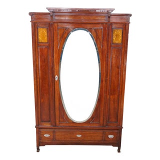 Antique Edwardian Neoclassical Mahogany Fruitwood Inlaid Wardrobe Armoire Mirror For Sale