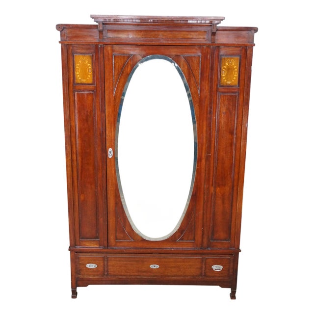 Antique Edwardian Neoclassical Mahogany Fruitwood Inlaid Wardrobe Armoire Mirror For Sale