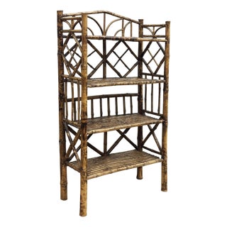 Vintage Four Tier Scorched Bamboo Etagere Shelf For Sale