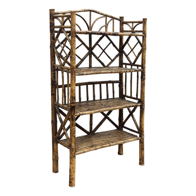 Vintage Four Tier Scorched Bamboo Etagere Shelf For Sale