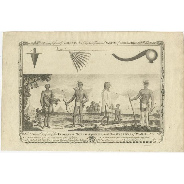 Indians of North America, Dress and Weapons – Millar Geography Engraving, c.1782 This detailed 18th-century copper...