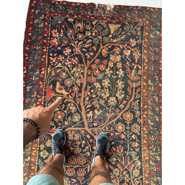 1930s Growing Tree of Life Deep Navy, Rusty, Camel with Hidden Bird Rug 4.6 x 6.8 For Sale - Image 11 of 11