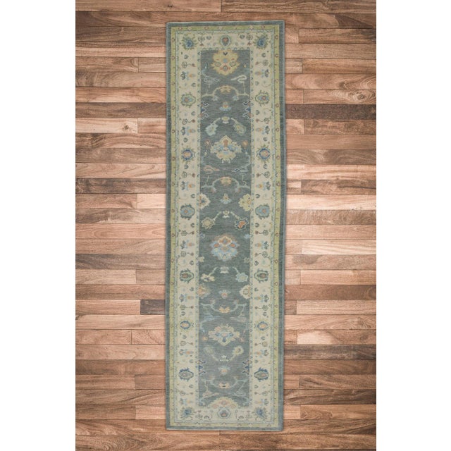 Early 21st Century Gray Multicolor Floral Design Handwoven Wool Turkish Oushak Rug 3'1" X 10'7" For Sale In Houston - Image 6 of 7