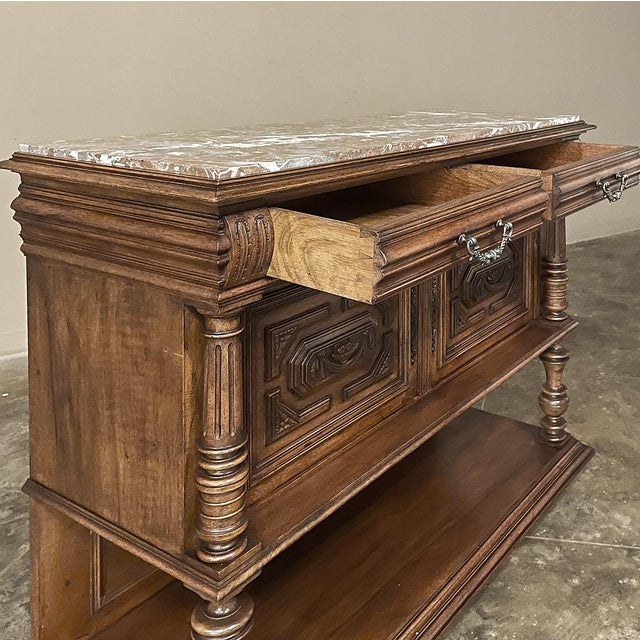 19th Century French Neoclassical Henri II Marble Top Walnut Buffet For Sale - Image 11 of 18