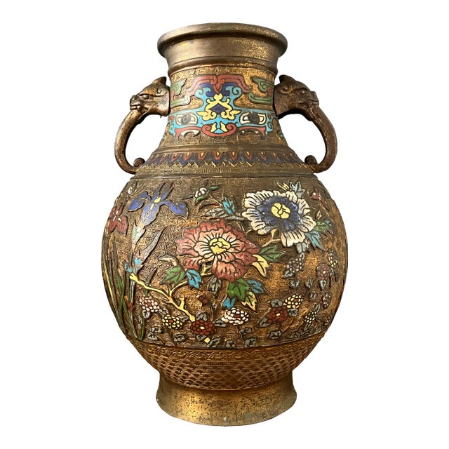 Large 1930s Bronze Japanese Champleve Vase For Sale
