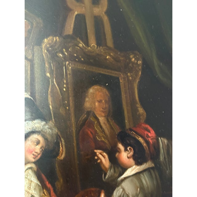 French Framed Oil on Board "Boy Painting a Portrait", Mid-20th Century For Sale - Image 3 of 6