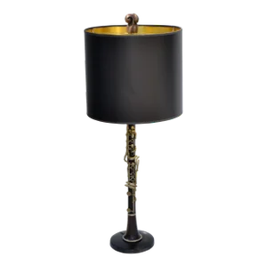 French Neoclassical Clarinet Wood Brass & Metal Table Lamp Black Gold Drum Shade