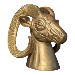 Hollywood Regency Bighorn Ram Bust – Vintage Brass & Marble Sculpture For Sale