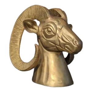 Hollywood Regency Bighorn Ram Bust – Vintage Brass & Marble Sculpture