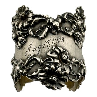 Outstanding Large Antique Fancy Art Nouveau Flower Design Sterling Silver Napkin Ring Dated 1903 For Sale