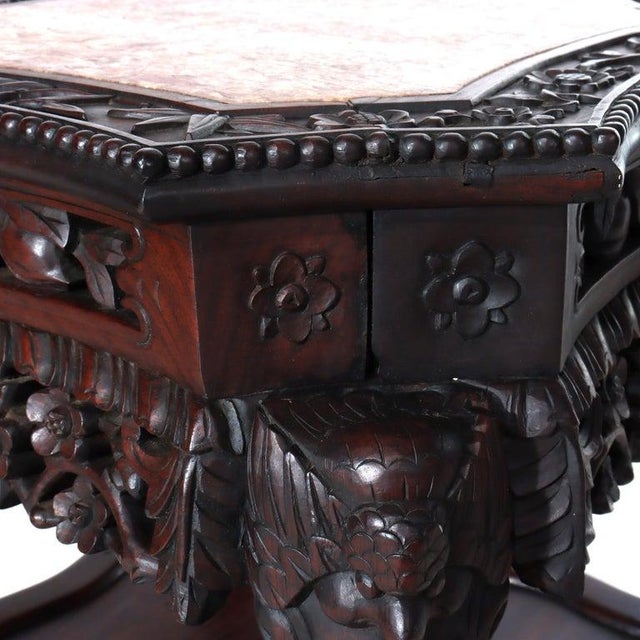 Brown Antique Chinese Floral & Figural Carved Rosewood Rouge Marble Top Stand C1920 For Sale - Image 8 of 12