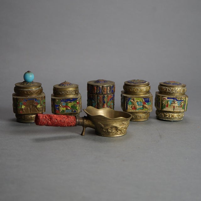 Six Antique Chinese Bronze and Enameled Scent Jars C1920 Measures - Handled dish 3"h x 7.5"w x 2"d