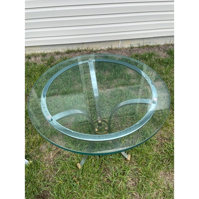 Maison Jansen Pair of Vintage French Glass, Steel and Brass Round Side Tables Attributed to Maison Jansen For Sale - Image 4 of 7