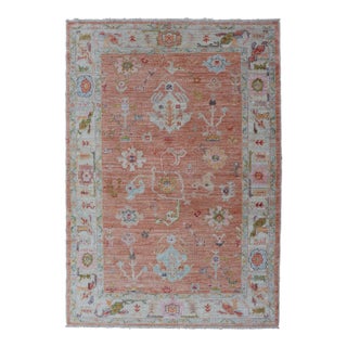 Turkish Angora Oushak Rug in Terracotta With Light Blue, Ivory & Green5'11 X 9'0 For Sale