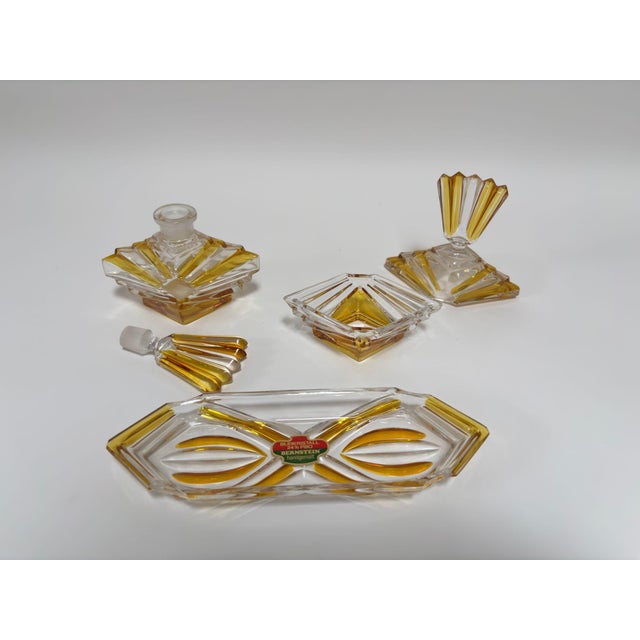 Art Deco Bohemian Bleikristall Crystal Vanity Set, Amber Cut Glass, Circa 1930s For Sale - Image 9 of 11