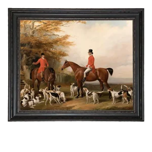 "The Meeting Fox Hunt Scene" Contemporary Reproduction Print on Canvas, Framed 28.75" x 34.75"