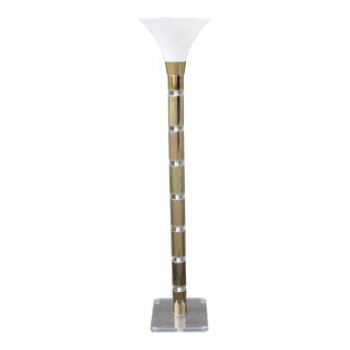 1980s Brass and Acrylic Torchiere Floor Lamp For Sale