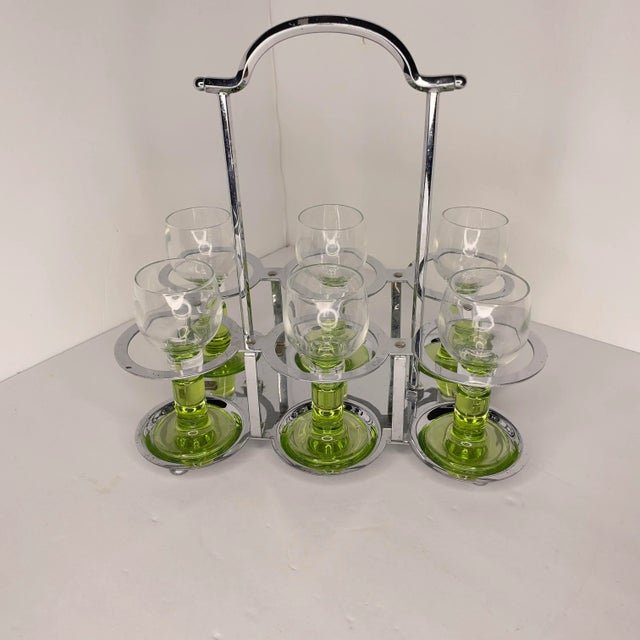 Vintage Chrome Farberware Drink Caddy and Green Bormioli Rocco Cordial Glasses- 7 Pieces For Sale - Image 9 of 9