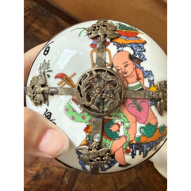Red Antique Chinese Porcelain Erotic Trinket Box With Dragon Metal Mount For Sale - Image 8 of 11