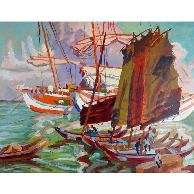 Mid 20th Century Modernist Harbor Sailboats Painting For Sale