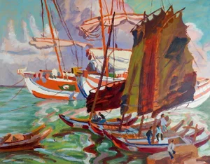 Mid 20th Century Modernist Harbor Sailboats Painting