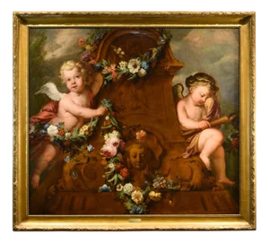 Jacob de Wit, Flowers with Cupids, 1720, Oil on Canvas, Framed