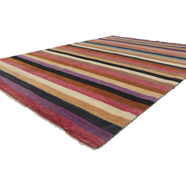 80746 Modern Striped Area Rug, 06'02 x 08'08. Showcasing colorful stripes, incredible detail and texture, this hand...
