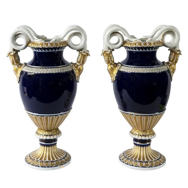 German Cobalt Blue Porcelain Vases by August Leuteritz for Meissen, 1890s, Set of 2 For Sale - Image 11 of 11