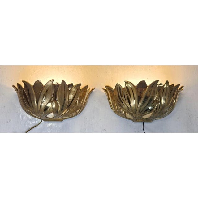 Hollywood Regency Italian Gilt Metal Lotus Flower Wall Sconces, 1980s, Set of 2 For Sale - Image 3 of 13