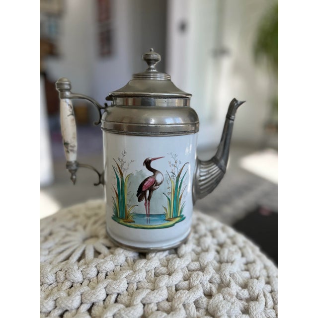 Metal Antique Manning, Bowman & Co Painted Heron Enamel & Pewter Coffee Pot, Late 1800s For Sale - Image 7 of 11