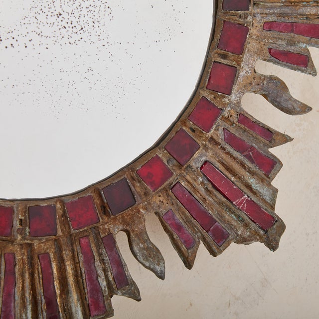 Mid-Century Modern French Sunburst Wall Mirror with Red Talosel Inlay by Irena Jaworska, 1960s For Sale - Image 3 of 10