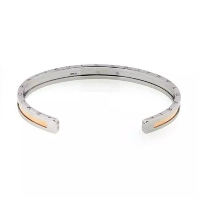 1990s Bvlgari Bulgari B Zero-1 Steel 18k Rose Gold Engraved Cuff Bracelet For Sale - Image 5 of 5