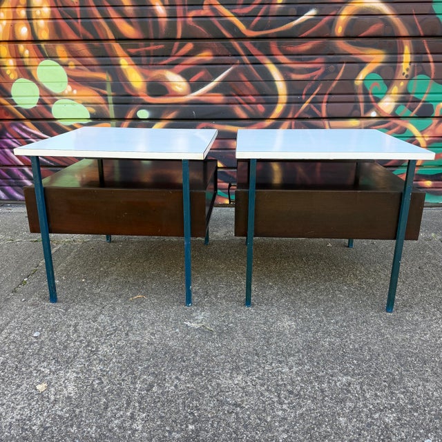 White Mid-Century Moderm Vista Furniture California Nightstands With Leather Pulls Walnut Laminate For Sale - Image 8 of 12